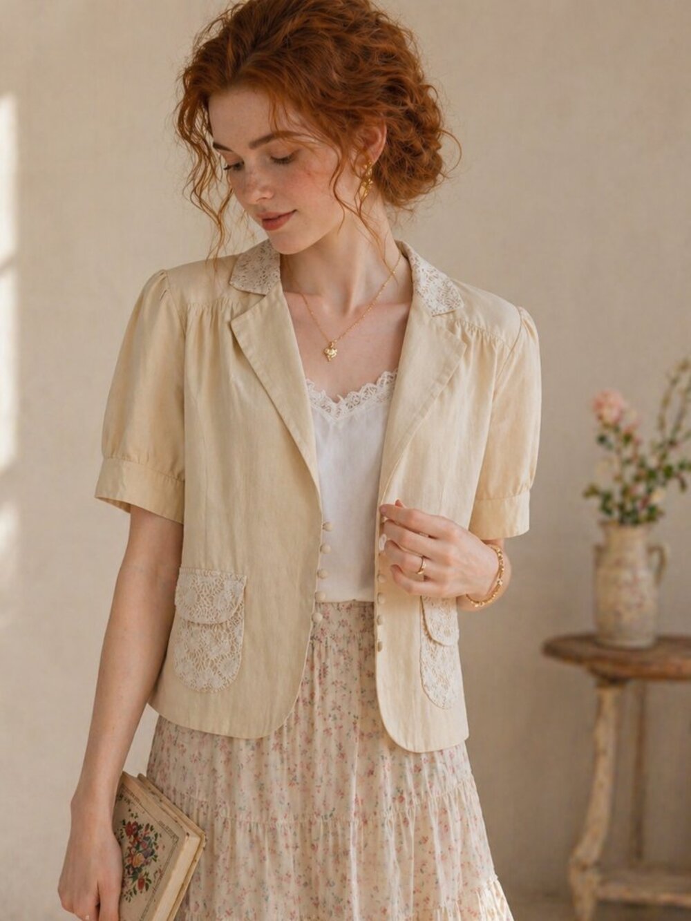 VTG Tracy M Linen Blazer XL Yellow Cream Short Sleeve Jacket Lace Cottagecore